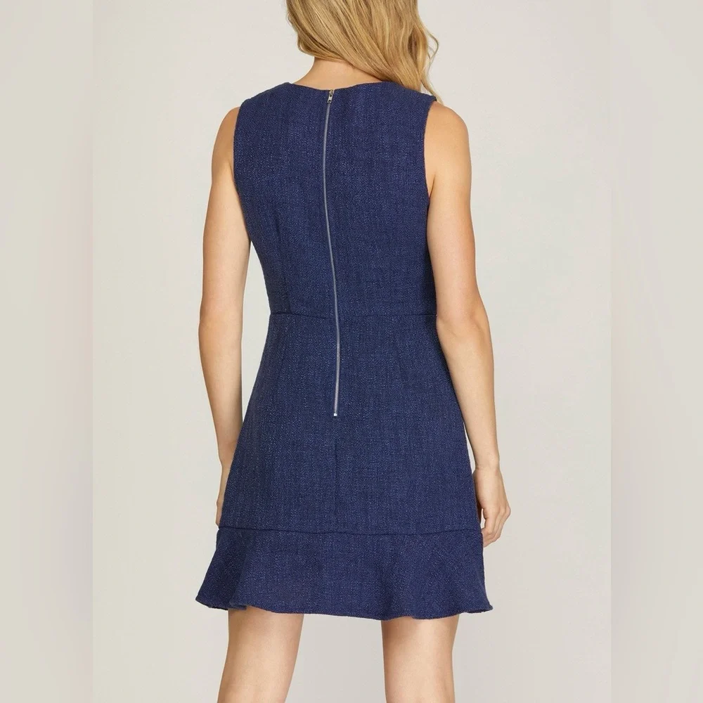 She + Sky Navy Textured Sleeveless Ruffle Hem Dress Size Large NWT - Picture 2 of 7